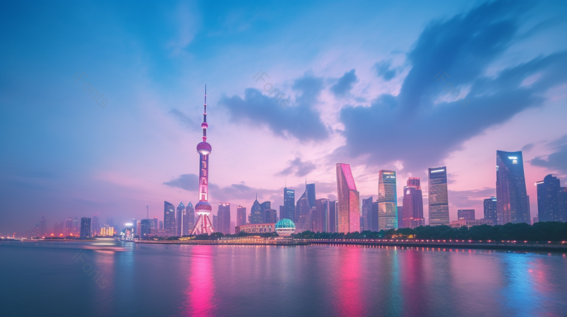珠江夜景高楼林立大湾区粉蓝色浪漫的天空和海面倒影城市摄影都市摄影,高清,摄影图,摄影图片,图片大全,摄影图免费下载